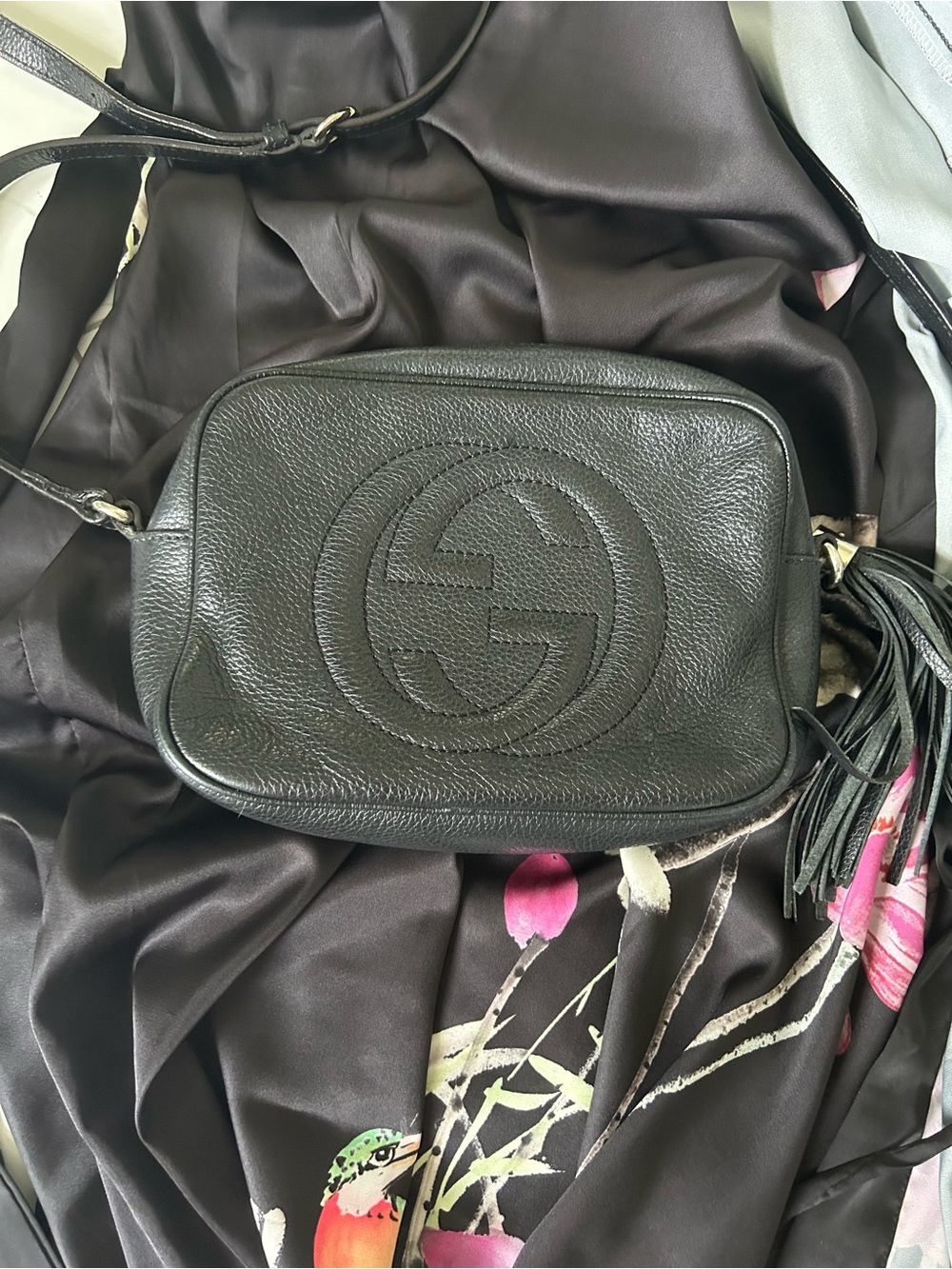 Gucci Black Leather Interlocking GG Soho Crossbody with Tassel